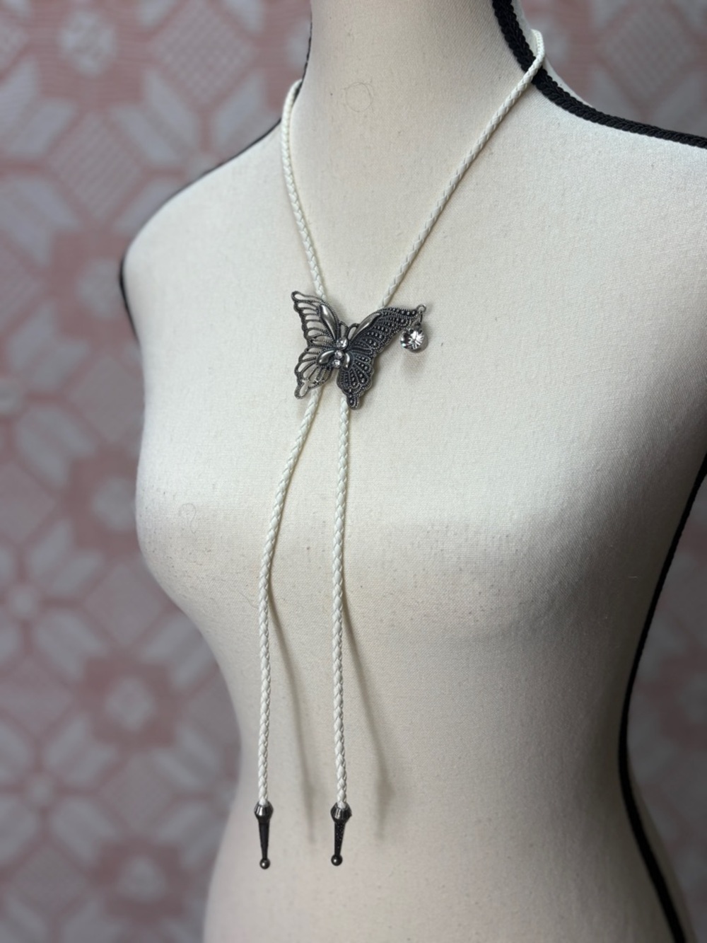 Handcrafted Butterfly Bolo Tie Necklace White Braided Cord - Picture 3 of 7